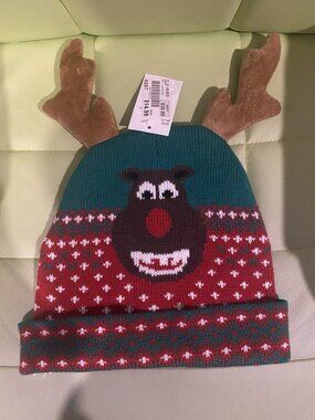 Ugly Christmas Sweater Reindeer Rudolph Beanie Winter Hat With Antlers! One Size